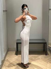 SHEIN ICON Vestido unicolor de cuello halter de espalda abierta de muslo con abertura - Blanco - Ver 4