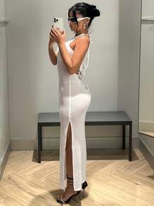 SHEIN ICON Vestido unicolor de cuello halter de espalda abierta de muslo con abertura - Blanco - Ver 5