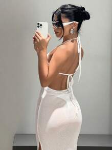 SHEIN ICON Vestido unicolor de cuello halter de espalda abierta de muslo con abertura - Blanco - Ver 6