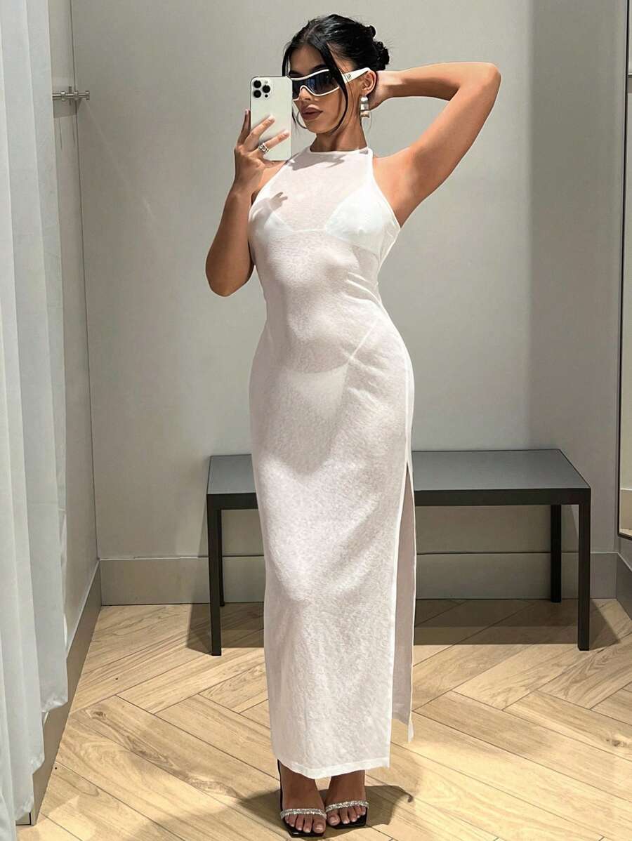 SHEIN ICON Vestido unicolor de cuello halter de espalda abierta de muslo con abertura - Blanco - Ver 1