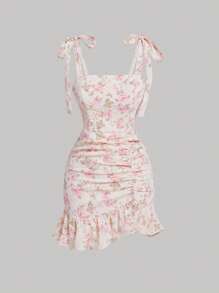 SHEIN MOD 休閒打結 褶邊 荷葉邊 拉鍊花卉印花 全身印花女士連衣裙 - 彩色 - 查看 1