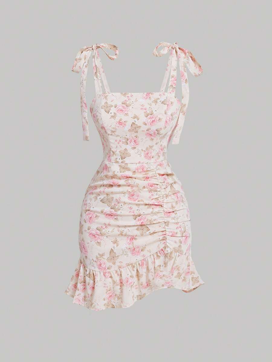 SHEIN MOD 休閒打結 褶邊 荷葉邊 拉鍊花卉印花 全身印花女士連衣裙 - 彩色 - 查看 1