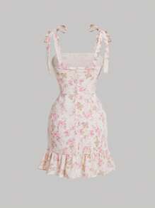 SHEIN MOD 休閒打結 褶邊 荷葉邊 拉鍊花卉印花 全身印花女士連衣裙 - 彩色 - 查看 2