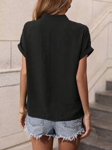 SHEIN Frenchy Swiss Dot Batwing Sleeve Popover Blouse Summer Black - Black - View 2