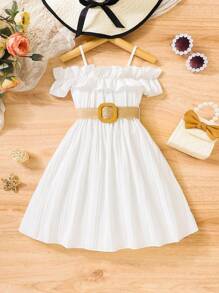 Souflis Souflis Young Girl Ruffle Trim Cold Shoulder Belted Dress - White - View 3