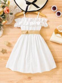 Souflis Souflis Young Girl Ruffle Trim Cold Shoulder Belted Dress - White - View 4