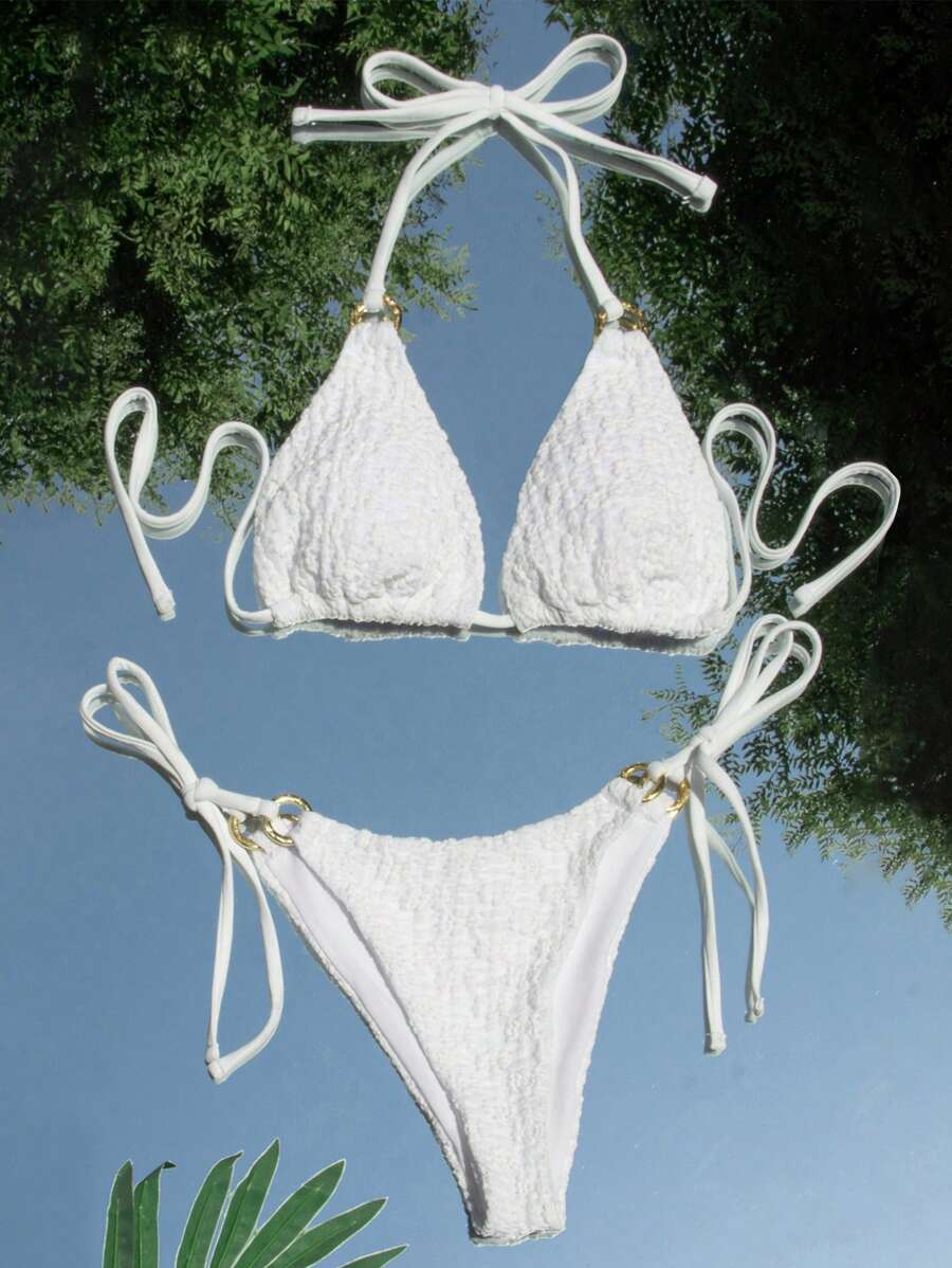 SHEIN Solid Triangle Tie Side Bikini Set For Summer Beach - White - View 1