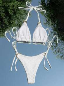 SHEIN Solid Triangle Tie Side Bikini Set For Summer Beach - White - View 2