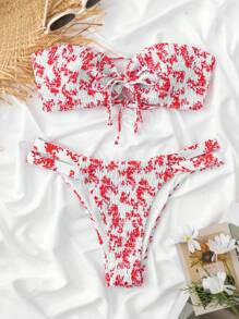 SHEIN Swim 印花打褶抹胸比基尼泳裝 - 紅白色 - 查看 1