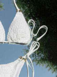 SHEIN Solid Triangle Tie Side Bikini Set For Summer Beach - White - View 4