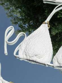 SHEIN Solid Triangle Tie Side Bikini Set For Summer Beach - White - View 5