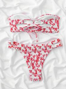 SHEIN Swim 印花打褶抹胸比基尼泳裝 - 紅白色 - 查看 2