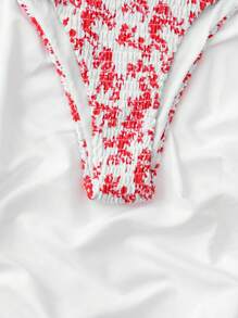 SHEIN Swim 印花打褶抹胸比基尼泳裝 - 紅白色 - 查看 4