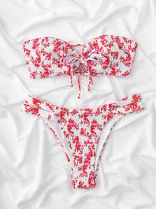 SHEIN Swim 印花打褶抹胸比基尼泳裝 - 紅白色 - 查看 5