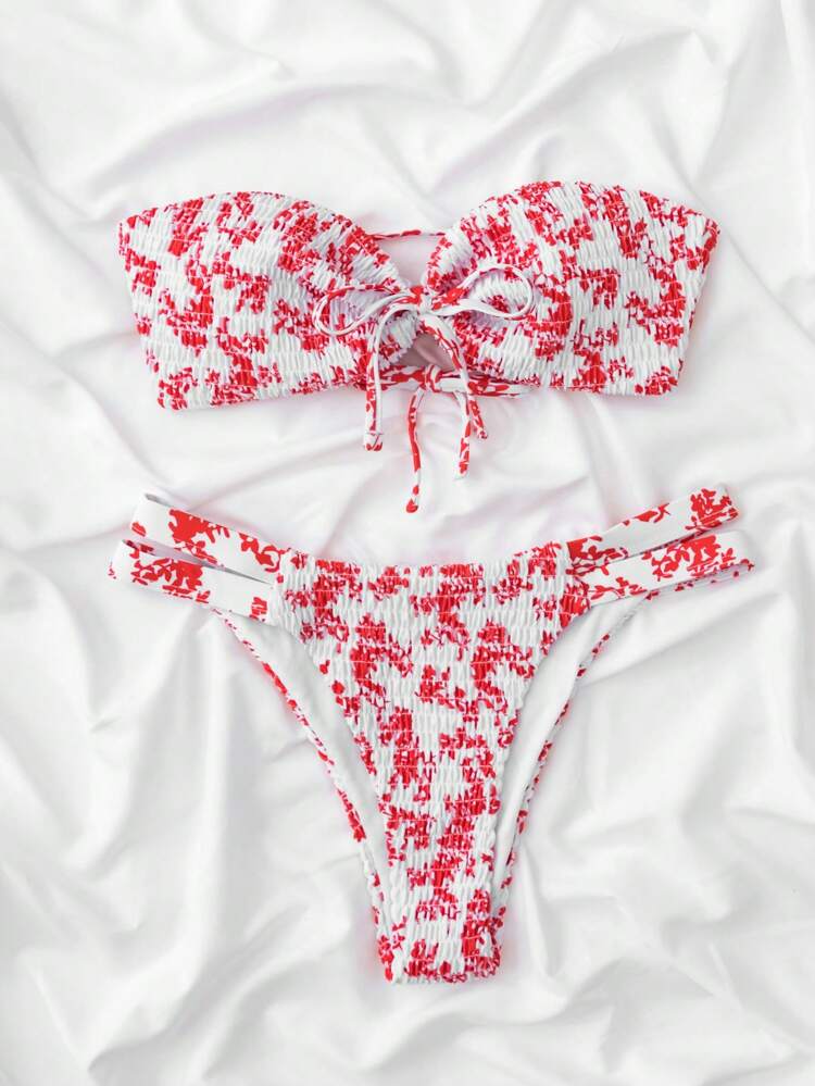 Floral Print Smocked Bandeau Bikini Set For Summer Beach