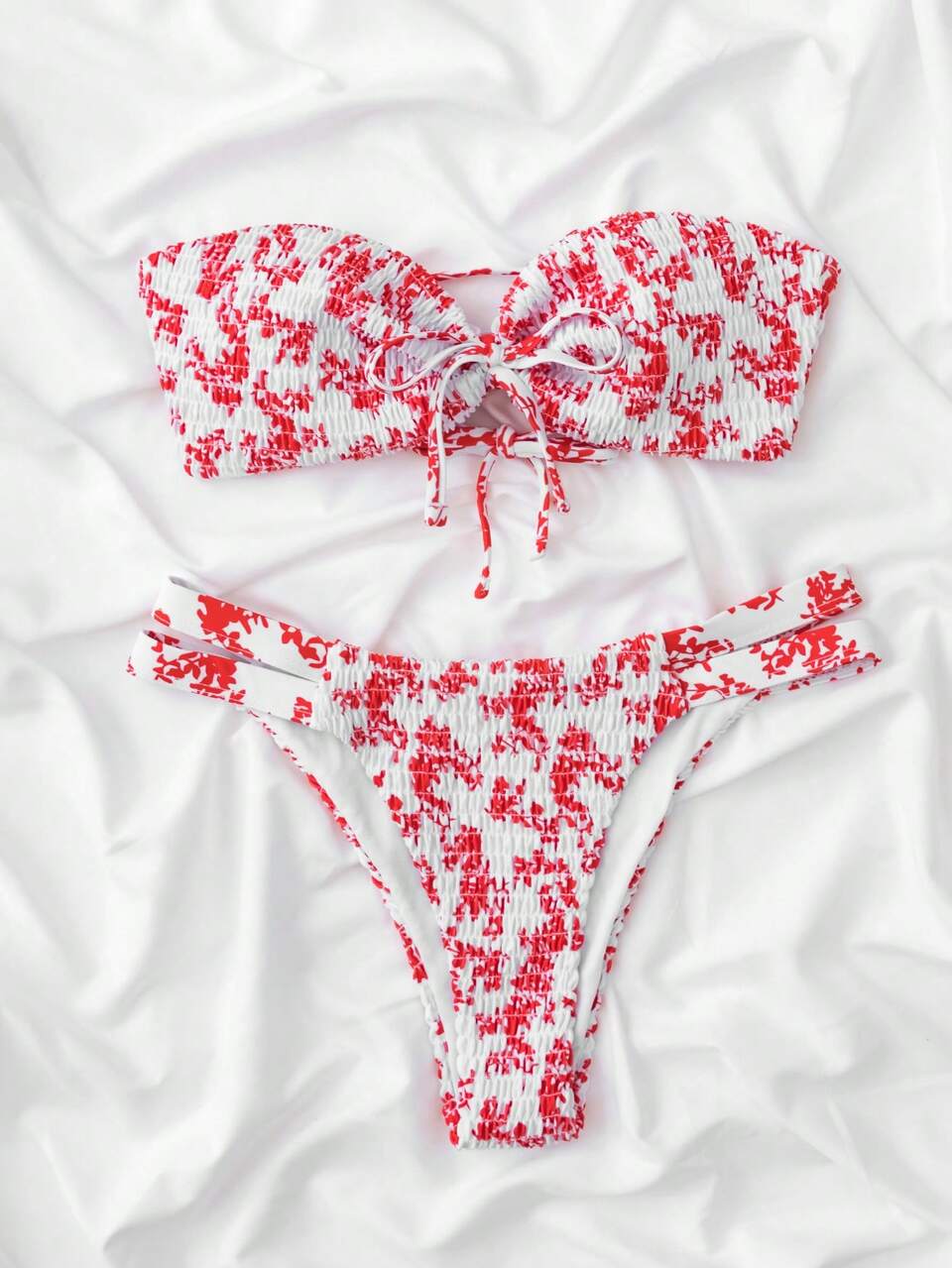 Floral Print Smocked Bandeau Bikini Set For Summer Beach