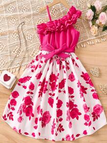 SHEIN Đầm Gái Bất đối xứng Xù Hoa Dễ thương - Nhiều màu - Xem 1