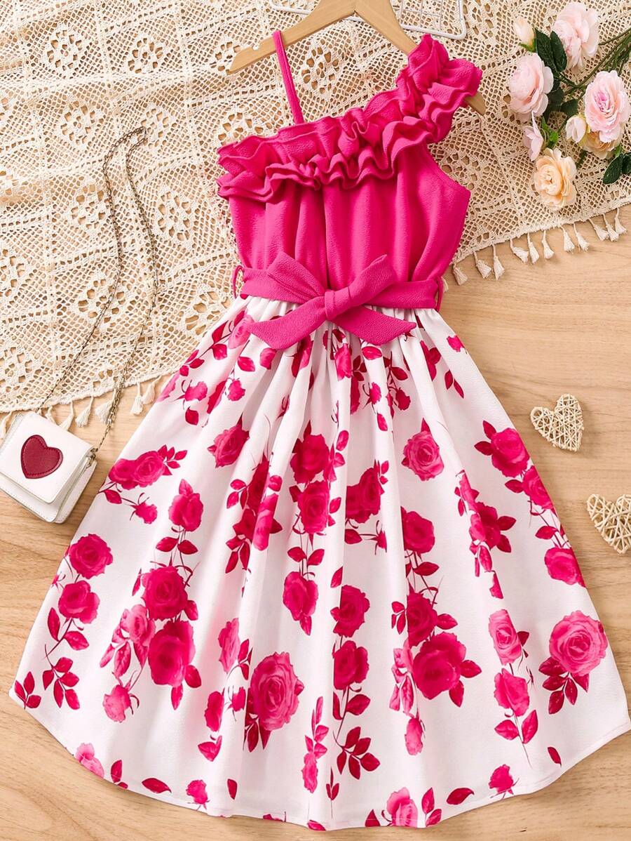 SHEIN Đầm Gái Bất đối xứng Xù Hoa Dễ thương - Nhiều màu - Xem 1