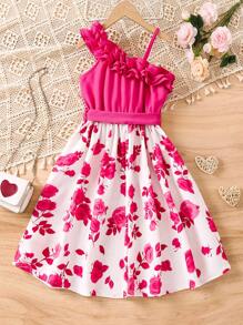 SHEIN Đầm Gái Bất đối xứng Xù Hoa Dễ thương - Nhiều màu - Xem 2