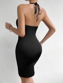 Allurite Solid Ruched Bustier Halter Neck Backless Bodycon Dress - Black - View 5