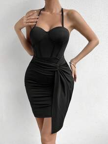 Allurite Solid Ruched Bustier Halter Neck Backless Bodycon Dress - Black - View 6