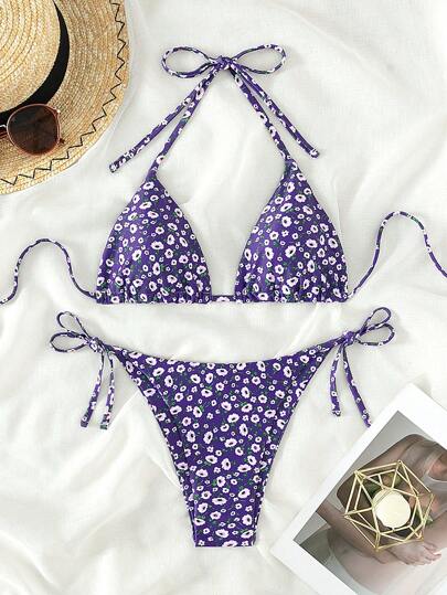 小碎花三角側繫帶比基尼泳裝