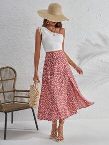 SHEIN Frenchy One Shoulder Top & Ditsy Floral Split Thigh Skirt Summer - Multicolor - View 2