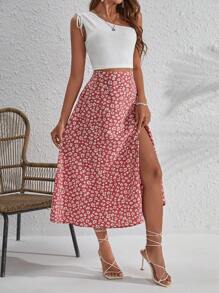 SHEIN Frenchy One Shoulder Top & Ditsy Floral Split Thigh Skirt Summer - Multicolor - View 4