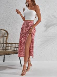 SHEIN Frenchy One Shoulder Top & Ditsy Floral Split Thigh Skirt Summer - Multicolor - View 5