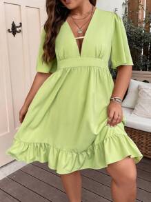 SHEIN LUNE Plus Solid Deep V Neck Ruffle Hem Dress - Mustard Yellow - View 1