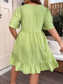 SHEIN LUNE Plus Solid Deep V Neck Ruffle Hem Dress - Mustard Yellow - View 2