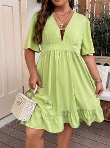SHEIN LUNE Plus Solid Deep V Neck Ruffle Hem Dress - Mustard Yellow - View 3