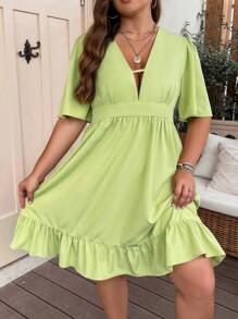 SHEIN LUNE Plus Solid Deep V Neck Ruffle Hem Dress - Mustard Yellow - View 4