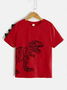 SHEIN Camiseta Casual De Punto Con Impresión Geométrica De Dinosaurios Y Diseño De Cuernos Para Niños Y Niñas Mayores