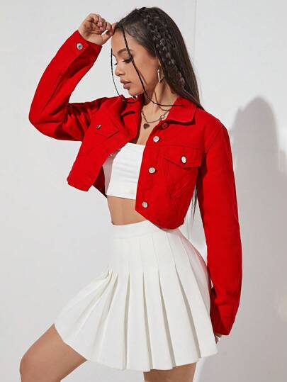 SHEIN EZwear Flap Pocket Crop Denim Jacket