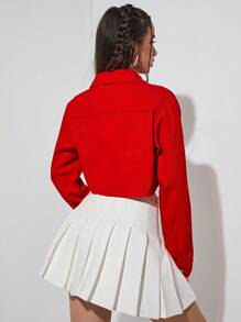 SHEIN EZwear Flap Pocket Crop Denim Jacket - Red - View 2