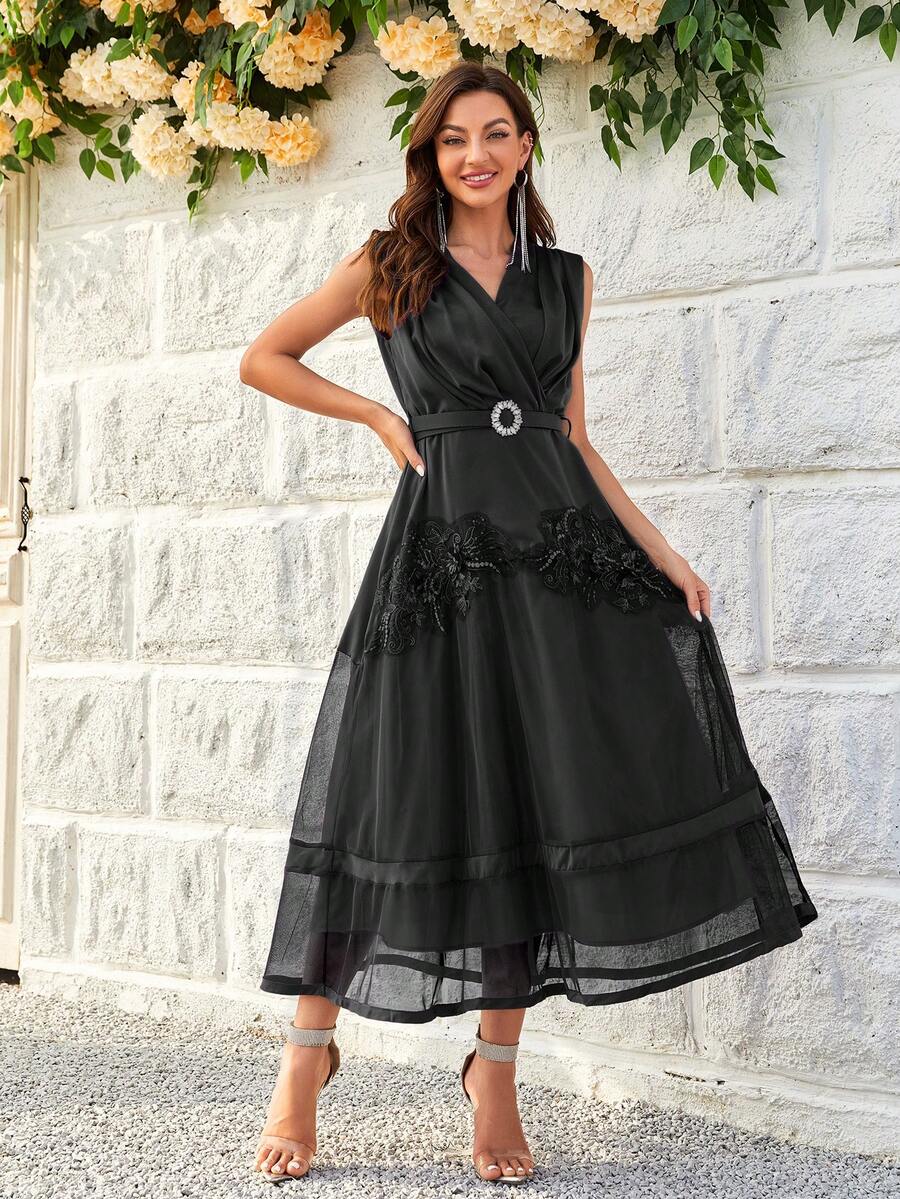 Contrast Lace Ruffle Hem Party Dress With Belt - Black - View 1