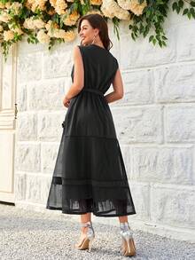 Contrast Lace Ruffle Hem Party Dress With Belt - Black - View 2