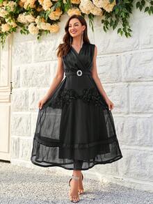 Contrast Lace Ruffle Hem Party Dress With Belt - Black - View 3