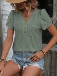 SHEIN LUNE Áo thun nữ Nút Nút phía trước Tranh thêu màu trơn Giải trí - màu xanh lá - Xem 4