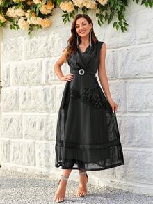 Contrast Lace Ruffle Hem Party Dress With Belt - Black - View 5