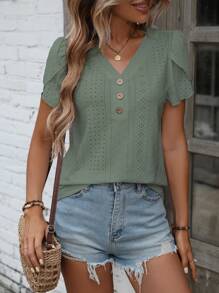 SHEIN LUNE Áo thun nữ Nút Nút phía trước Tranh thêu màu trơn Giải trí - màu xanh lá - Xem 6