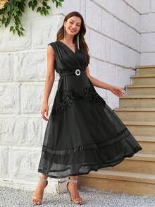 Contrast Lace Ruffle Hem Party Dress With Belt - Black - View 6