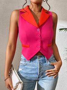 Chiquease Contrast Panel Button Front Vest Blazer - Hot Pink - View 2