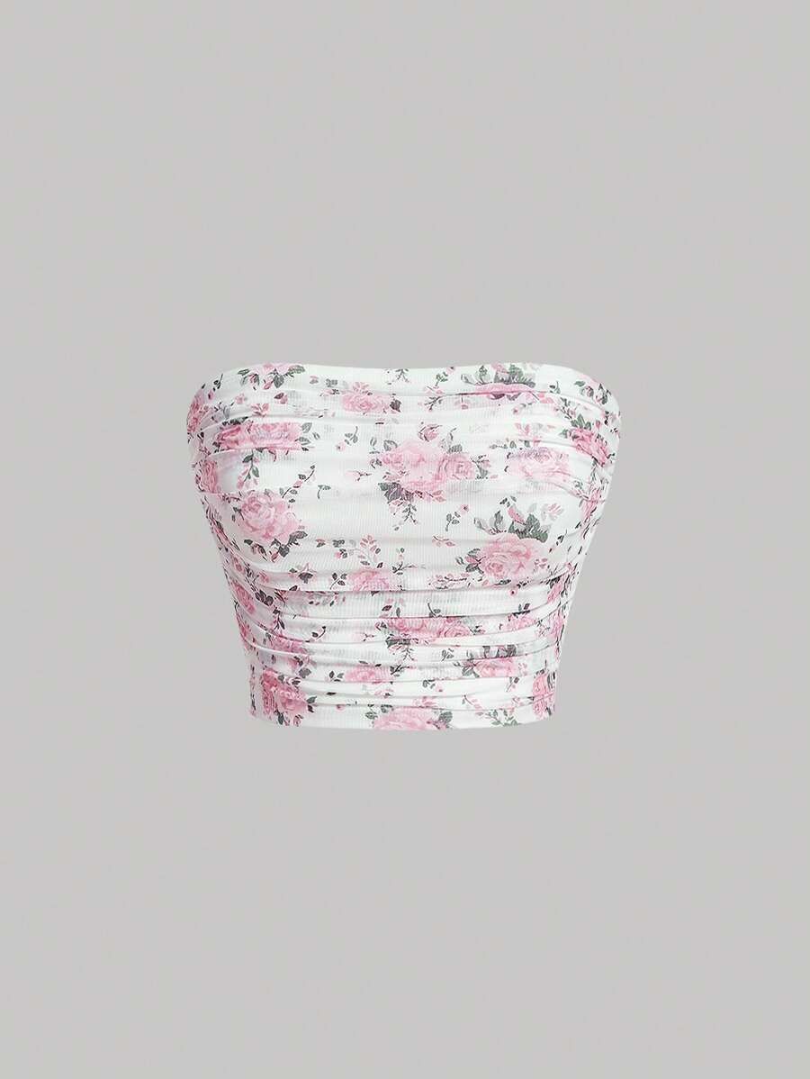 SHEIN MOD Summer  Ditsy Floral Print Ruched Tube Top - Multicolor - View 1