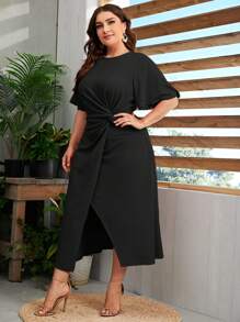 Modelyn 大碼扭結印花下擺開叉連衣裙