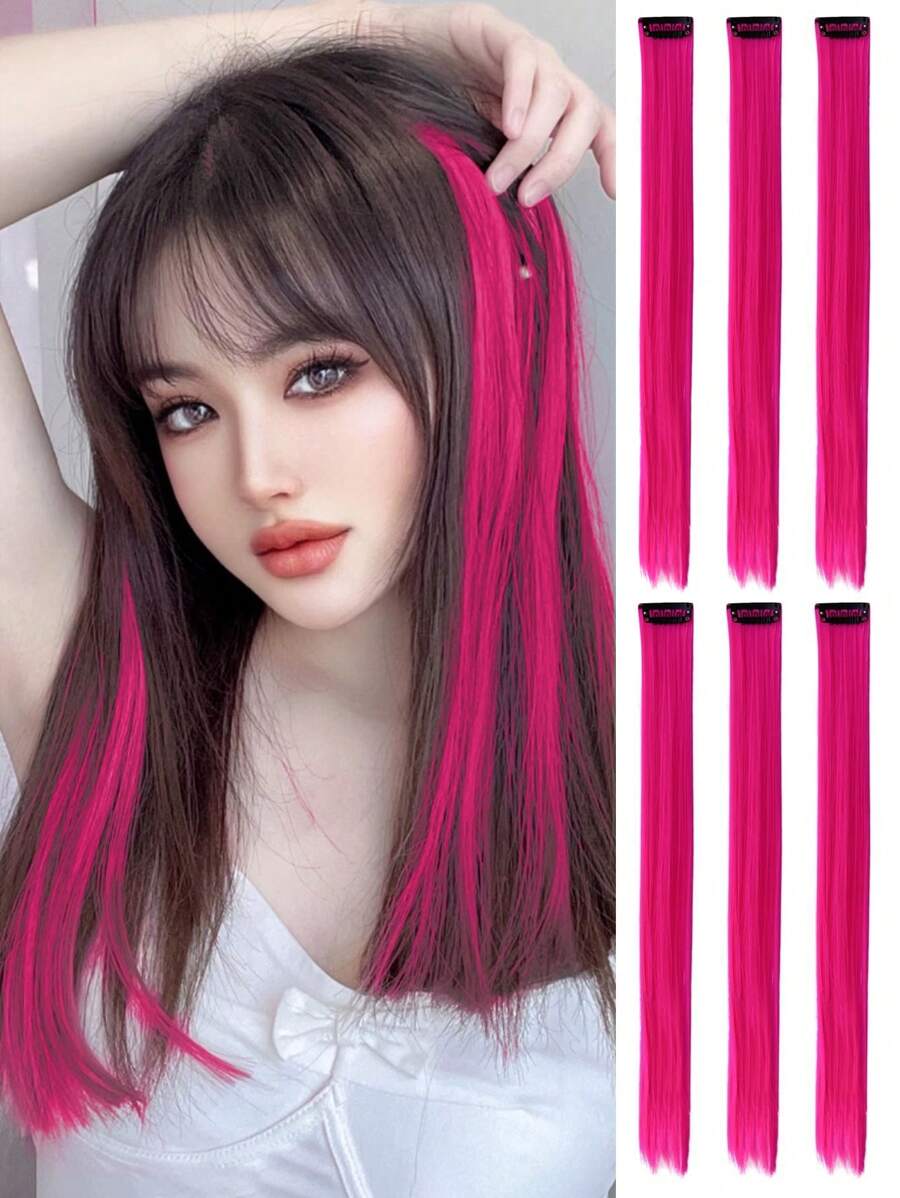 6 Cái kẹp màu hồng trong phần mở rộng tóc 22 inch Bộ tóc tổng hợp thẳng - Hồng - Xem 1