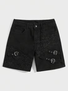 ROMWE MEN Goth 男士棉帶扣細節牛仔短褲 - 黑色 - 查看 1