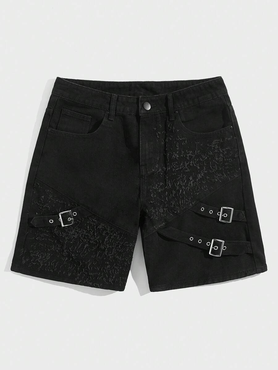 ROMWE MEN Goth 男士棉帶扣細節牛仔短褲 - 黑色 - 查看 1