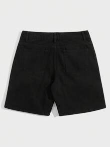 ROMWE MEN Goth 男士棉帶扣細節牛仔短褲 - 黑色 - 查看 2